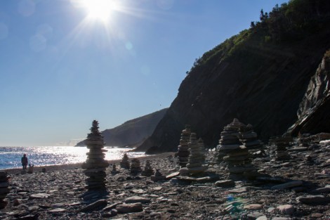 Cairns along the beach at Meat Cove